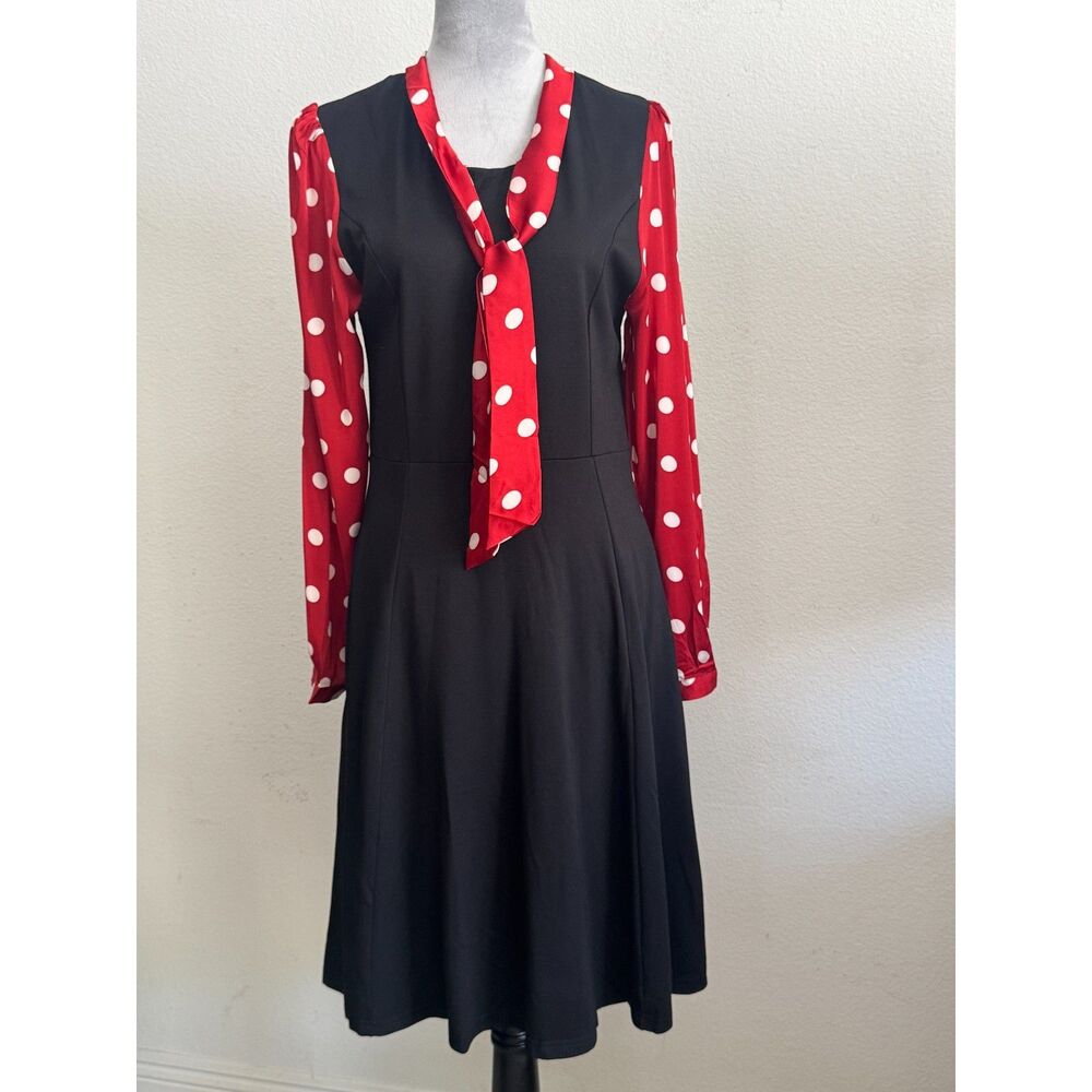 Tulip B Retro Black Dress Red Polka Dot Sleeves Tie Neck Fit Flare Pockets L